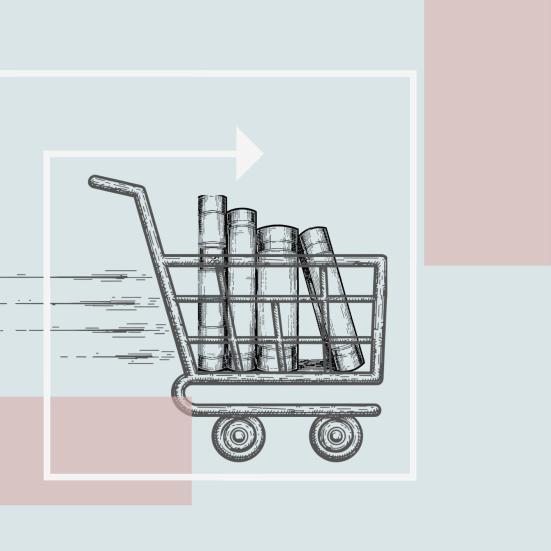 Illustration af en indkøbsvogn fyldt med bøger.