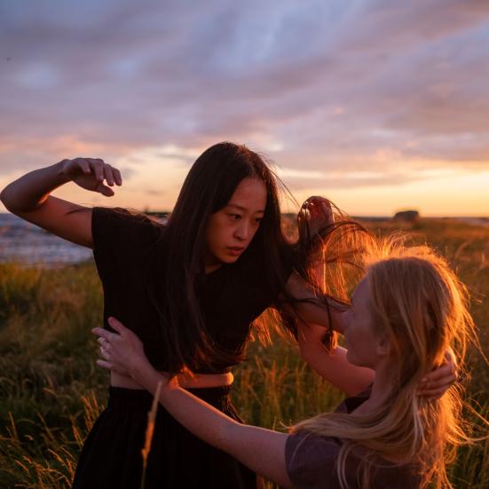 To kvinder på en mark i solnedgang - de ser ud, som om de slås, men måske elsker de hinanden