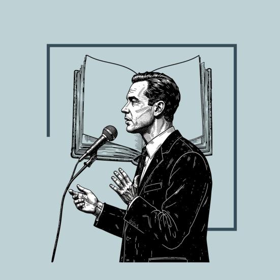 grafik med stregtegning af "politiker" og en bog