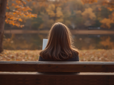 Pige læser på bænk