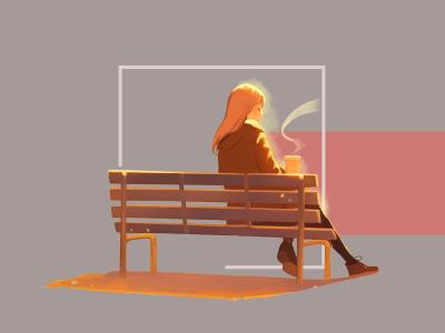 Kvinde sidder alene på bænk med en kop kaffe