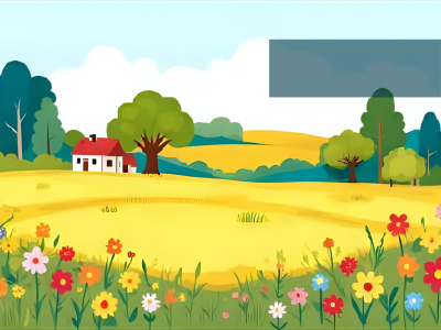 Illustration af mark og bondehus i barnlig stil