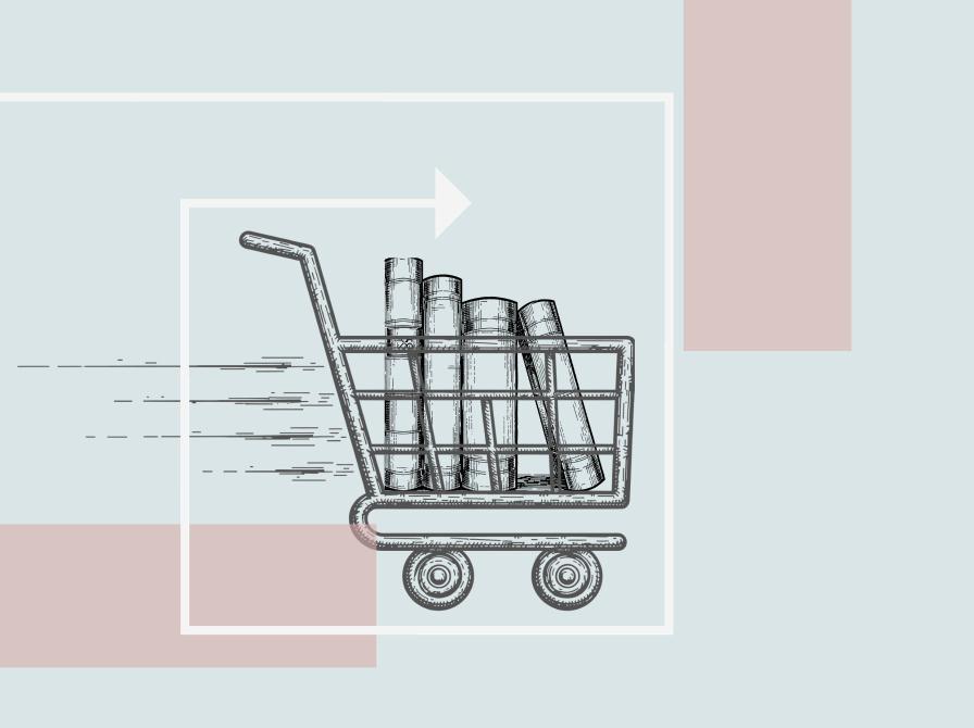 Illustration af en indkøbsvogn fyldt med bøger.