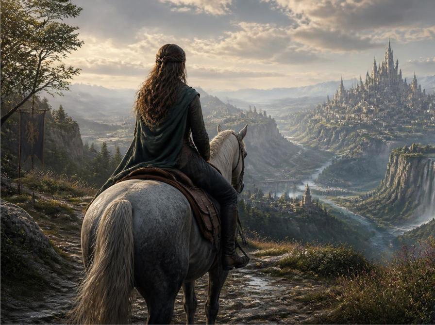 AI-genereret illustration af en kvinde på en hest med ryggen til, mens hun kigger ud over et fantasylandskab